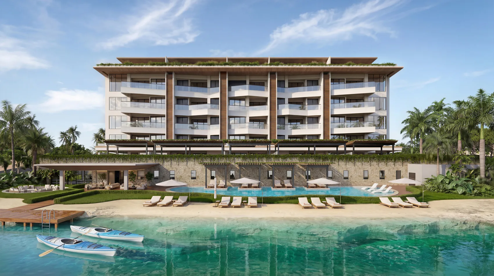 Façade côté lac et piscine - image de synthèse
