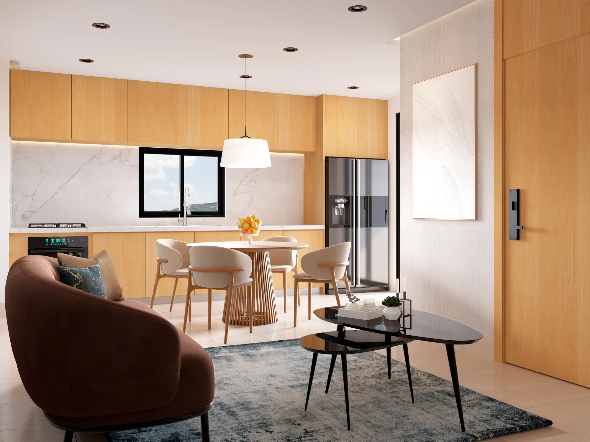 Living area and kitchen