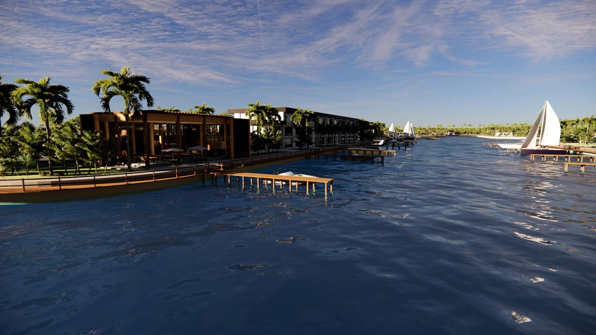Coral Bay and marina planned in the masterplan — rendering